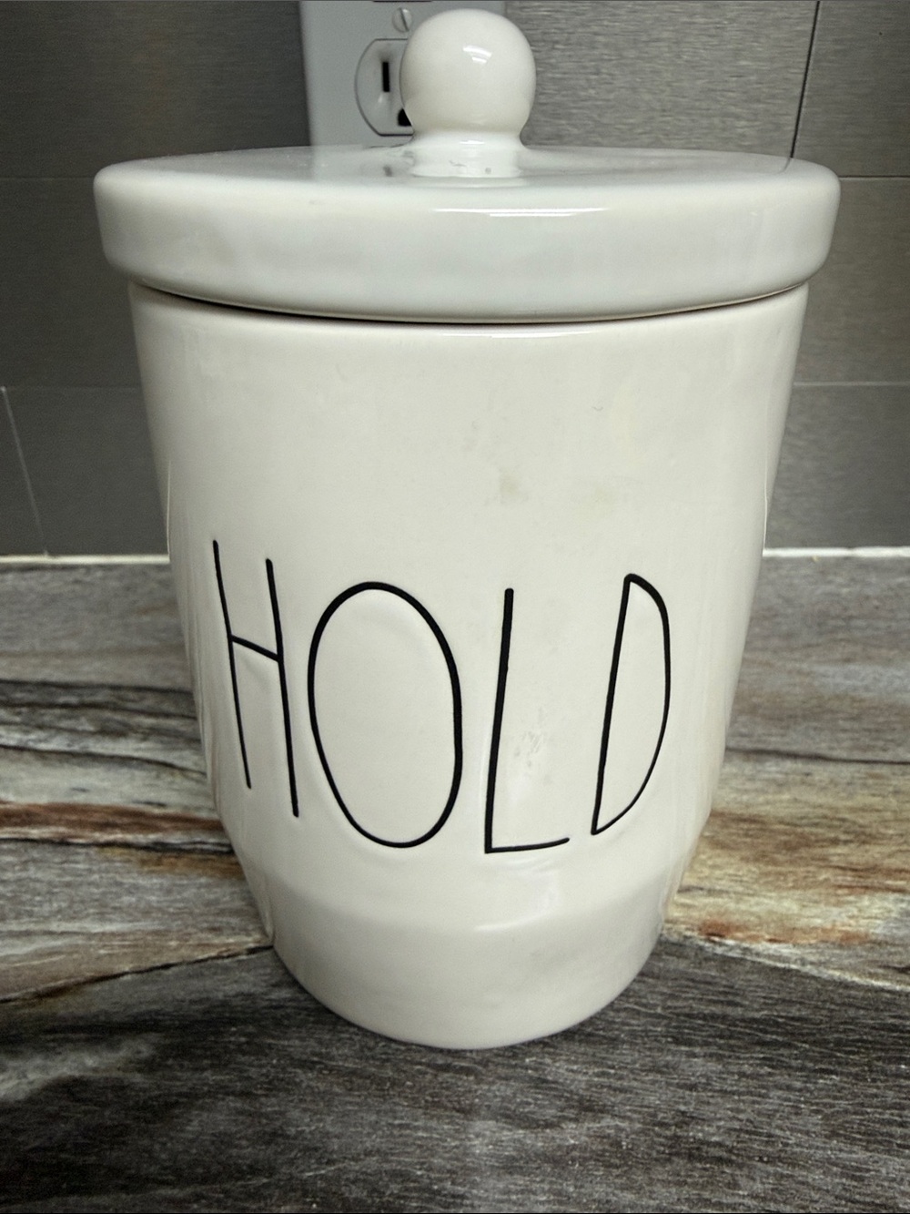 Rae Dunn White Ceramic "HOLD" Canister with Black Lettering